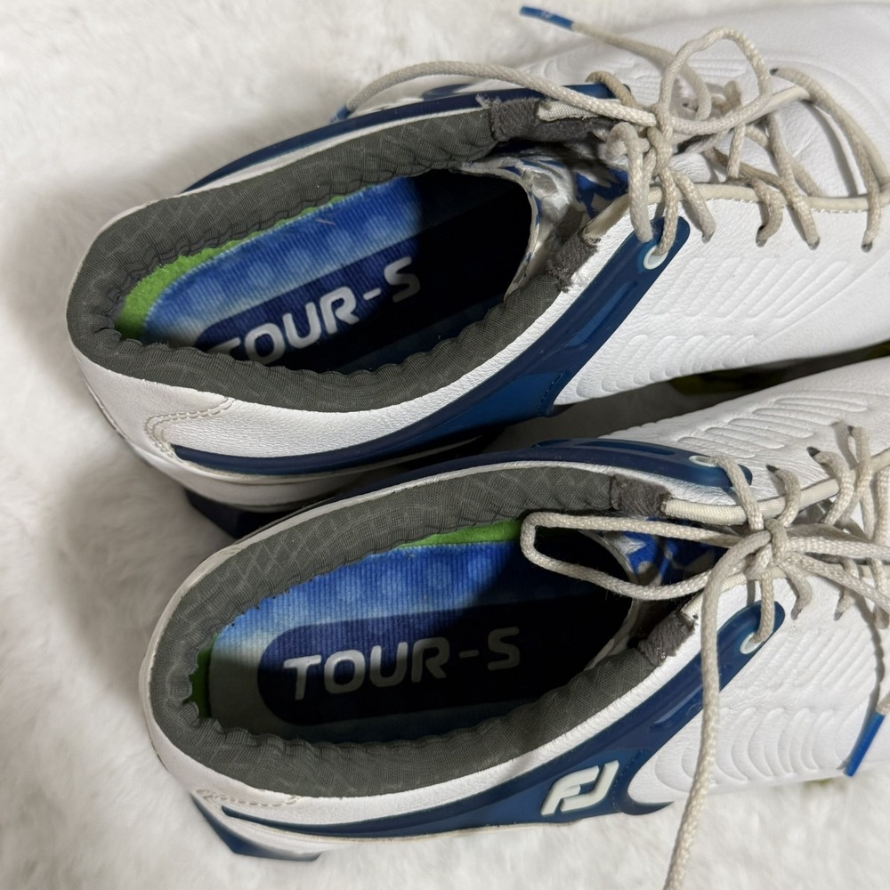 FootJoy Tour-S Golf Shoes White Blue Spiked Golf Shoes Men's Size 8.5M 55301 - Picture 11 of 12
